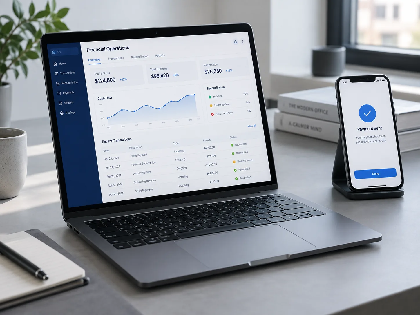 Financial operations software beside a mobile payment confirmation.