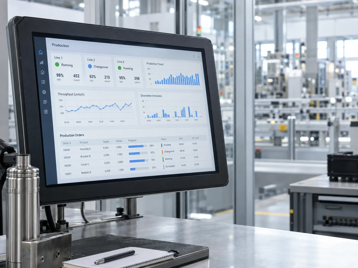 Production monitoring software on a workstation overlooking a factory floor.