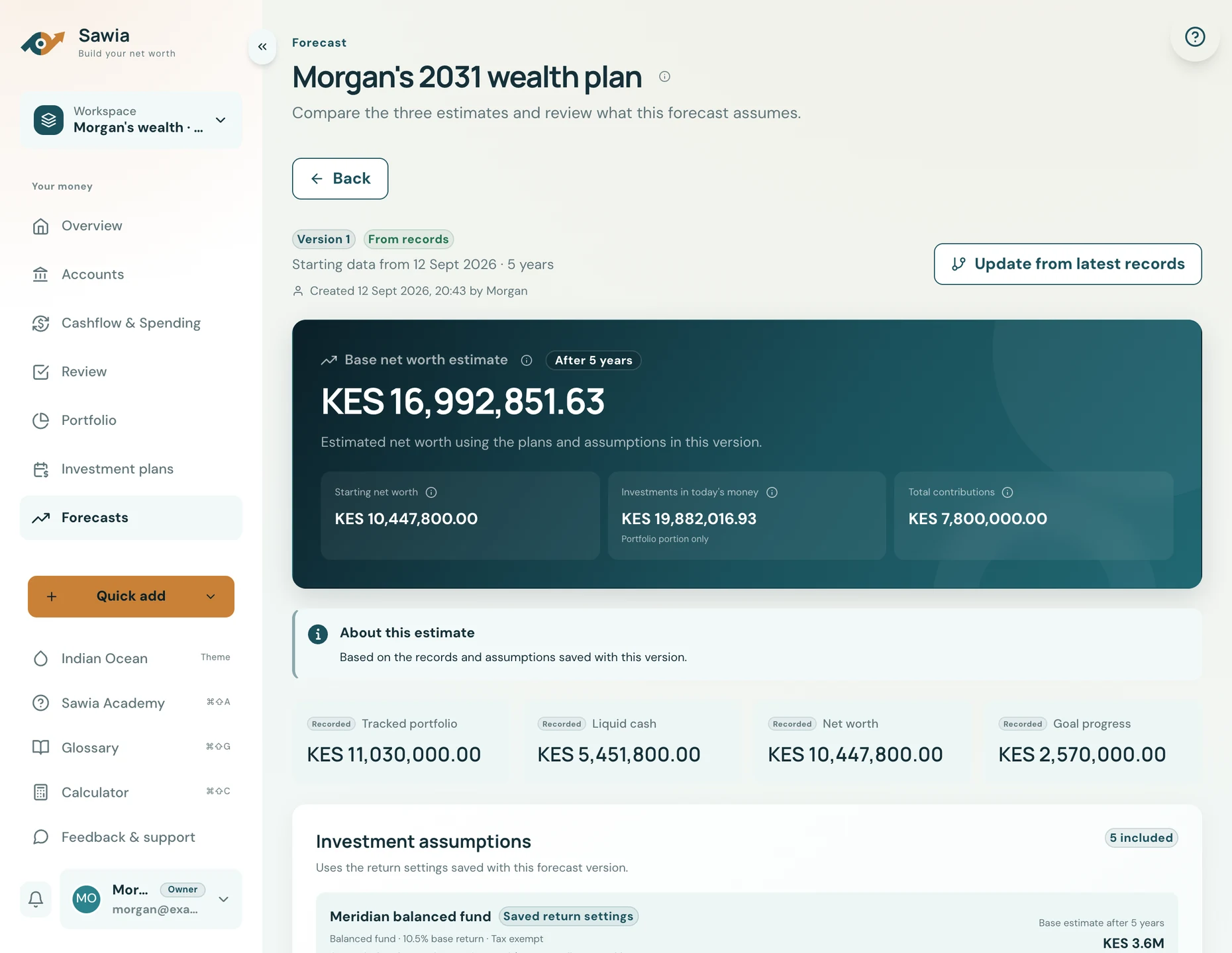 Morgan's demo workspace in Sawia, bringing wealth and financial plans into perspective.