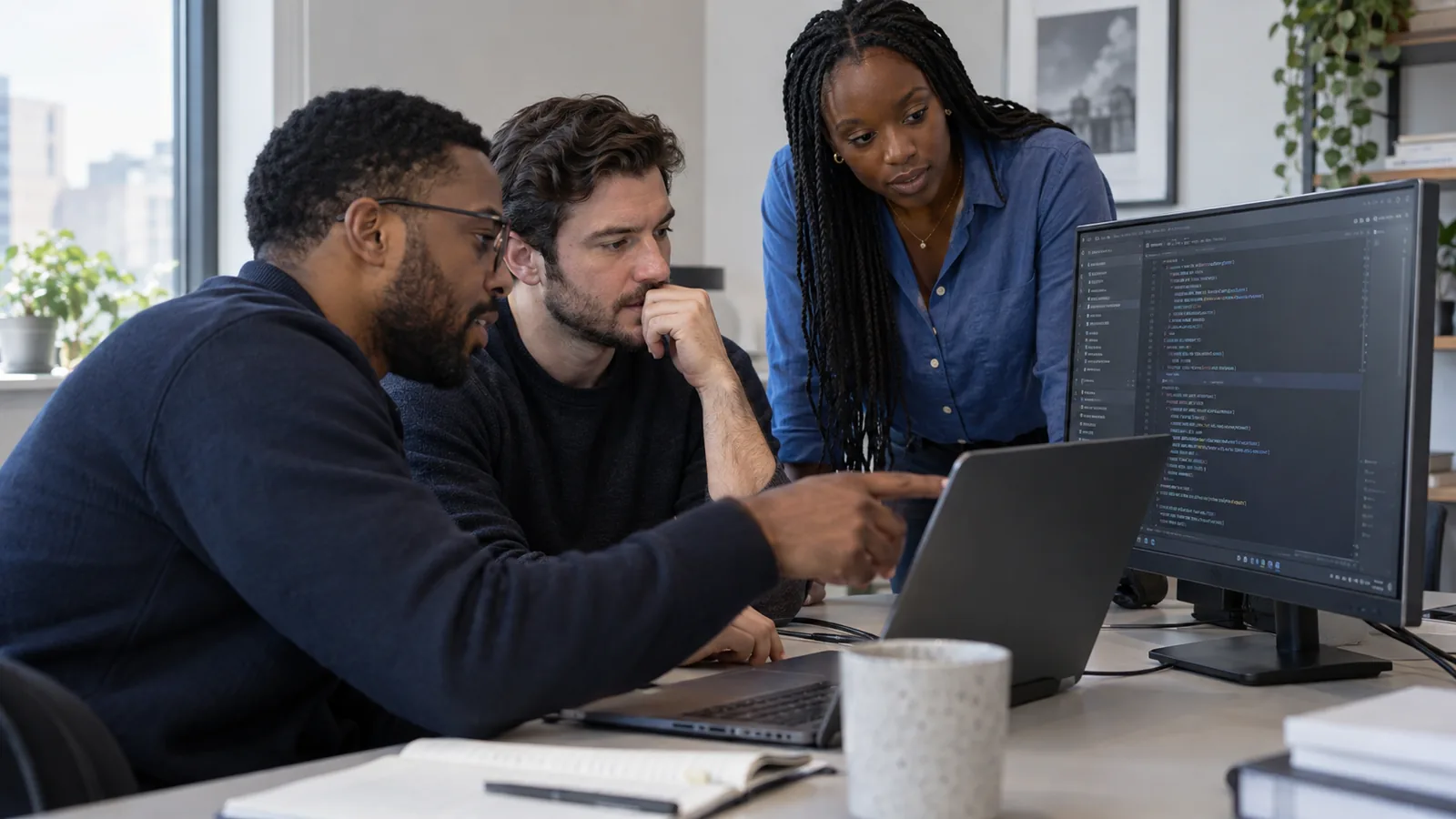 Developers discussing software on a laptop and monitor.