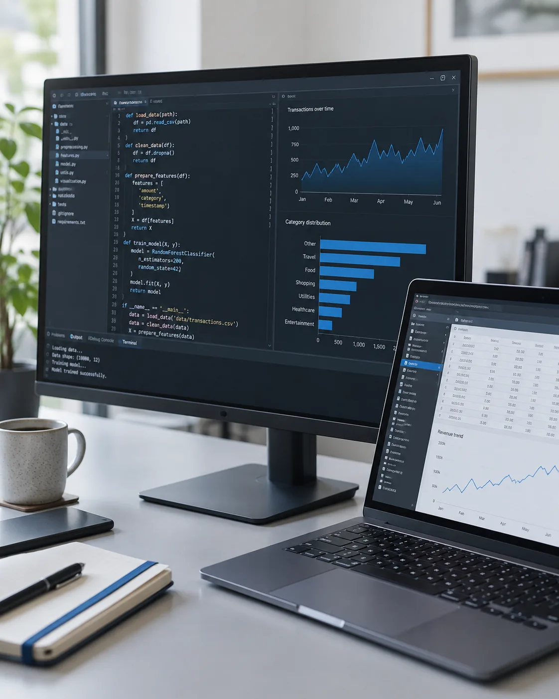 Code, data tables and analytics across a monitor and laptop.
